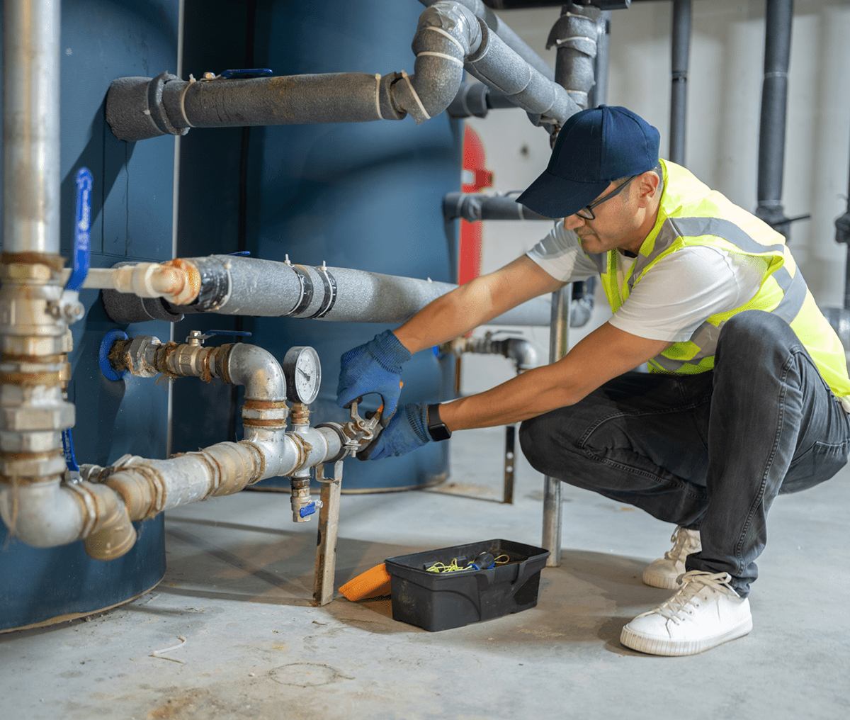 Plumber completing a professional water heater installation in a basement.