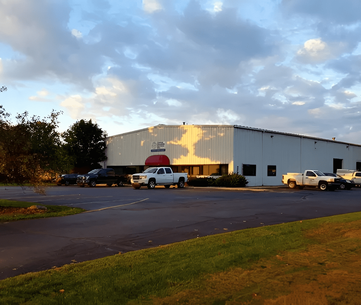White building with red logo