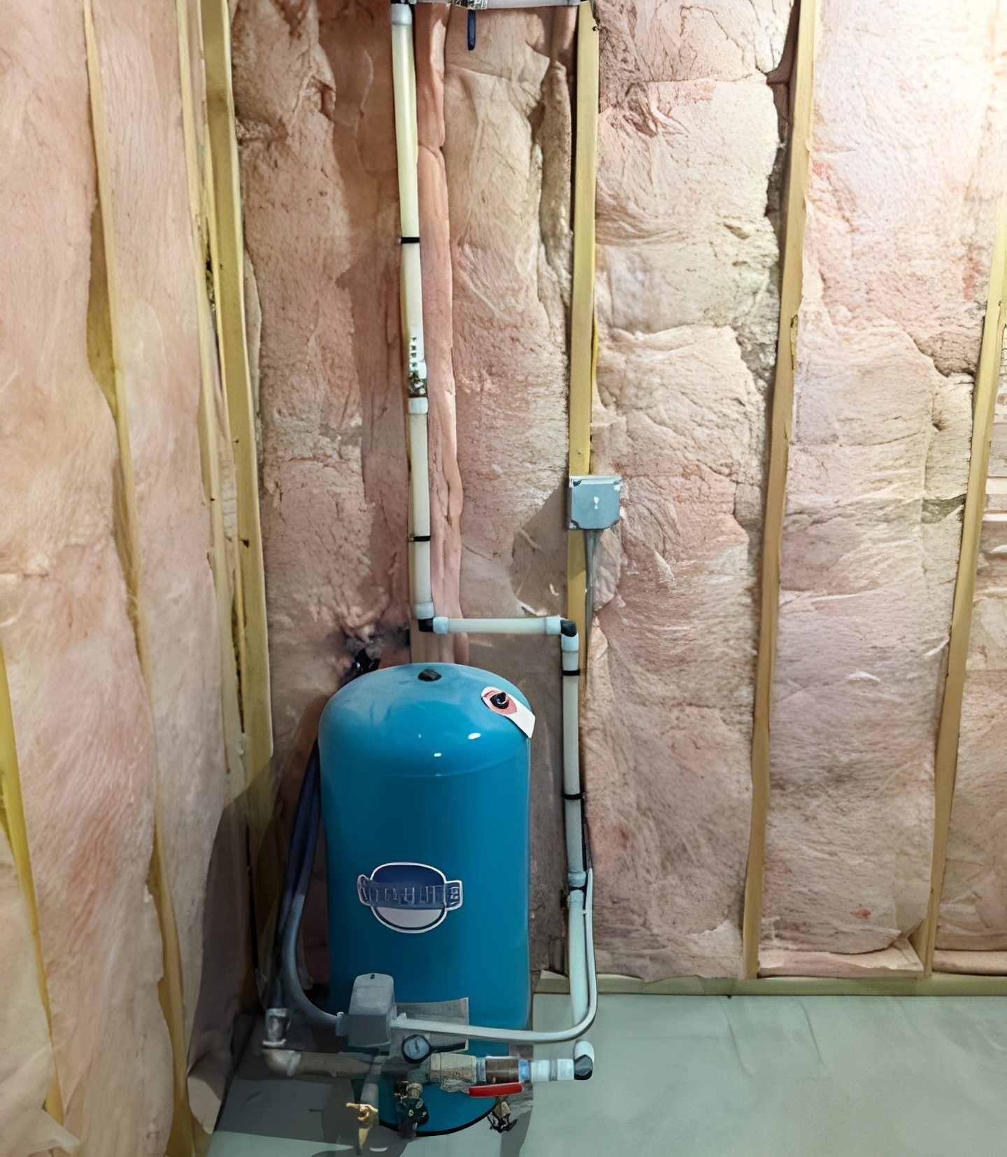 Blue water pressure tank installed in an unfinished insulated basement.
